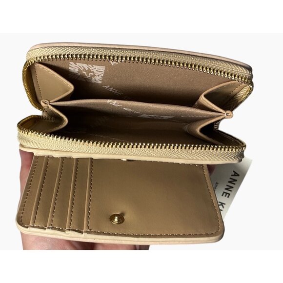 Anne Klein Small Zip Wallet Beige &‎ Gold Monogram Faux Leather Compact Design - Picture 9 of 13
